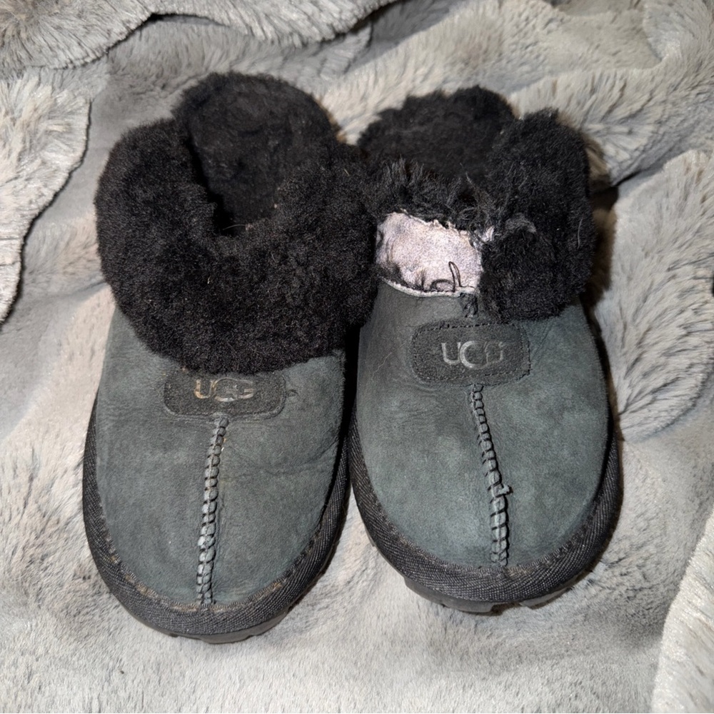 UGG Coquette Slippers 6 Black Suede Slip On Flat Lined Indoor Outdoor Damage